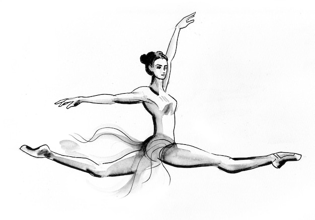 Dansende ballerina. Inkt en aquarel tekenen