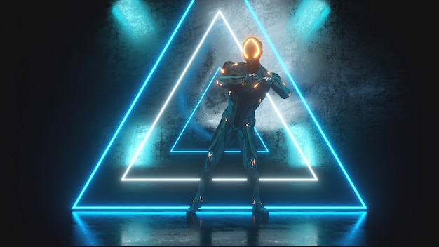 Dansende buitenaardse robot op een metalen achtergrond met felle neonlichten