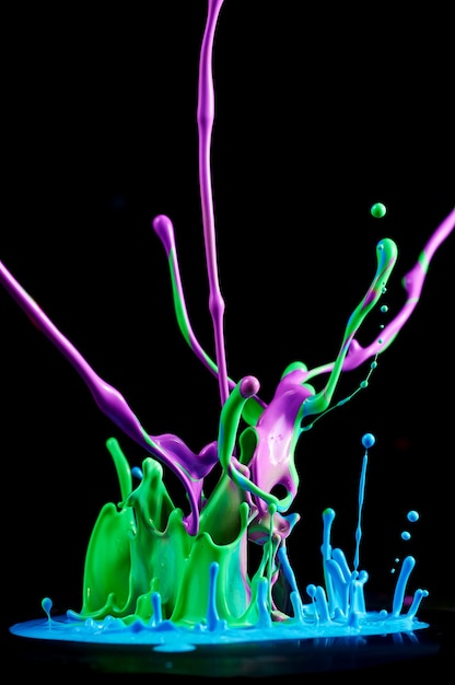 Foto dansende gekleurde verf. abstracte sculptuur kleurstof. scheutje inkt op een zwarte achtergrond
