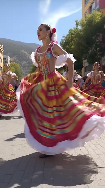 Dansers in kleurrijke jurken dansen op straat.