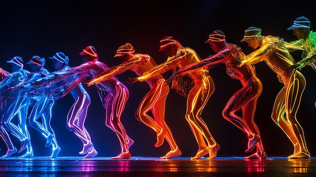 Dansers in kostuums met fluorescerende lijnen