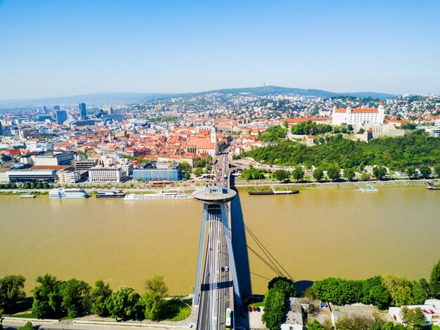 Danube river aerial panoramic view in Bratislava. Bratislava is a capital of Slovakia.