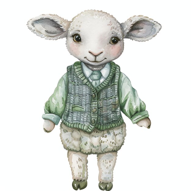 Dapper baby sheep with a knitted vest illustration watercolor for nursery for wall art