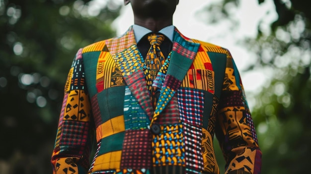 A dapper black man stands tall in a a sharply tailored suit made from vibrant cloth the intricate