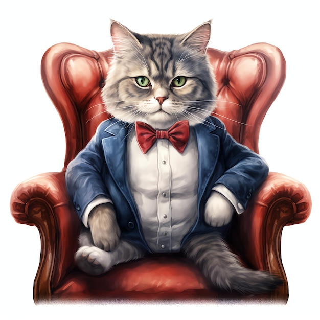 Dapper Cat in a Bowtie Posing on a Plush Armchair watercolor style illustration for