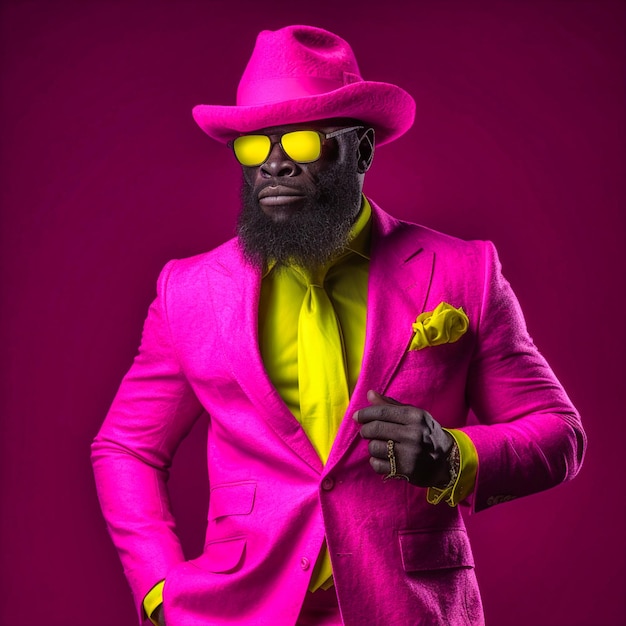 A dapper cyan gorilla yellow 3 piece suit vantablack Generative AI