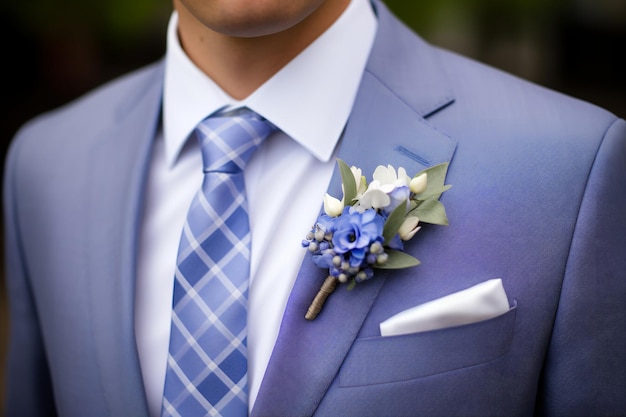 Photo dapper details macro shot of grooms boutonniere with periwinkle accents