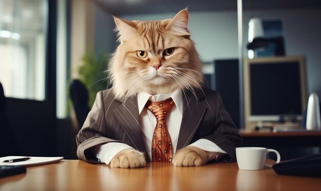 Dapper feline in a stylish suit sits working at an office desk Business cat focused on a laptop in a sophisticated office setting AI Generative