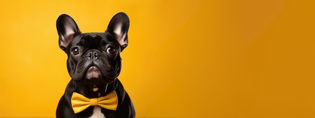 Photo dapper french bulldog in yellow bow tie against vibrant backdrop generative ai
