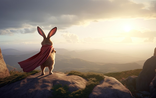 Dapper konijn met een cape staat bovenop een berg met uitzicht op een uitgestrekt bergachtig landschap Generatieve AI