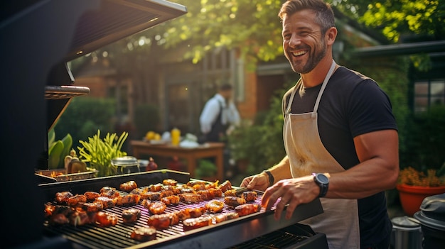 A dapper man grilling hamburgers in his backyard while wearing a cap and an apron Cooking outside and the idea of the American lifestyle