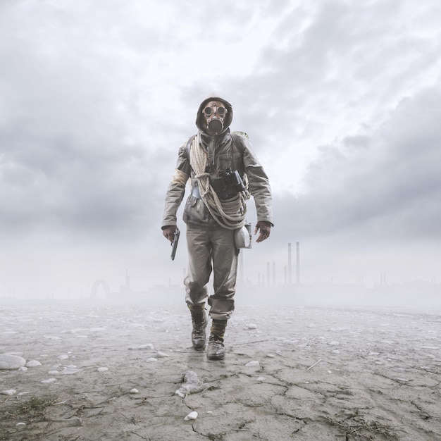 Dappere soldaat met gasmasker wandelen in een post-atomair landschap