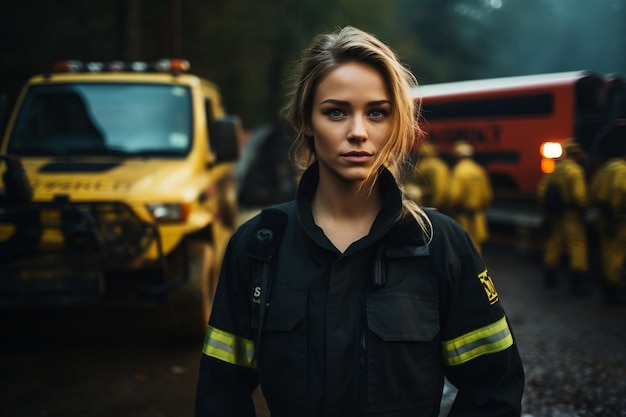 Dappere vrouwelijke brandweerman in beschermende uniforme generatieve AI