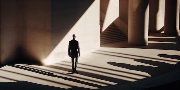 Dappled shadow a lone man with glowing light in the middle of a brutalist covent in city