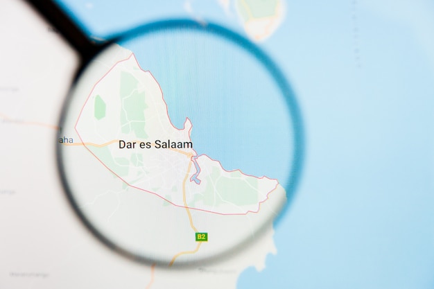 Dar es Salaam city visualization illustrative concept on display screen through magnifying glass