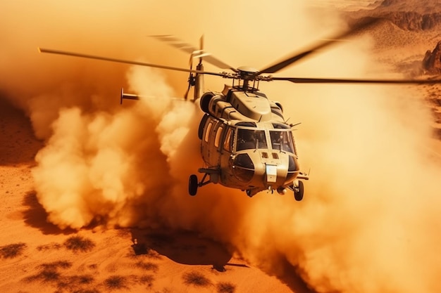 Daredevil mission Military chopper crosses blazing desert fire and smoke