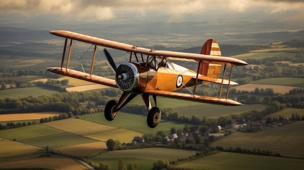 Photo daredevil pilot in 1920s biplane countryside aerial stunts showcased