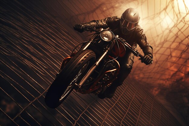 A daredevil stunt motorcycle rider performing in a 00053 00