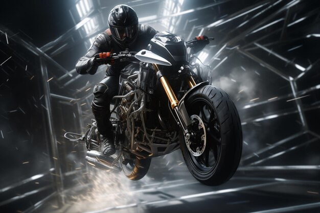 A daredevil stunt motorcycle rider performing in a 00053 02