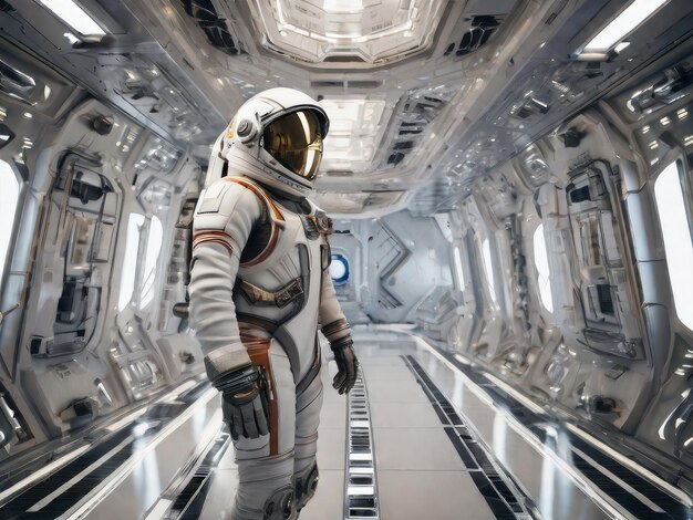 写真 未来的な宇宙船の前に立つ大胆な宇宙飛行士の宇宙服とヘルメット