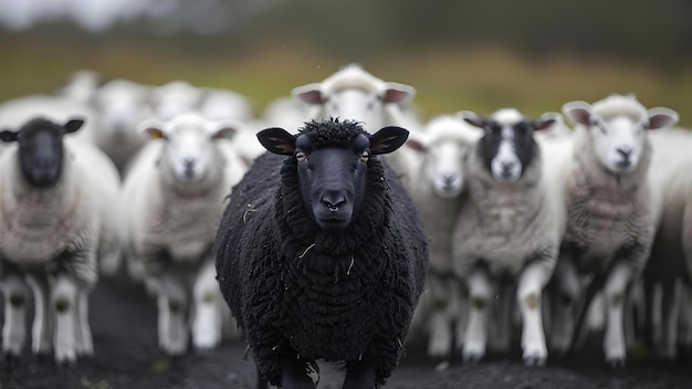 Photo daring contrast one black sheep leads the way concept black sheep contrast daring individuality leadership