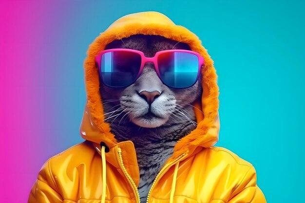 Daring cool panther in sunglasses and hoodie on a pastel bright background Generated by AI