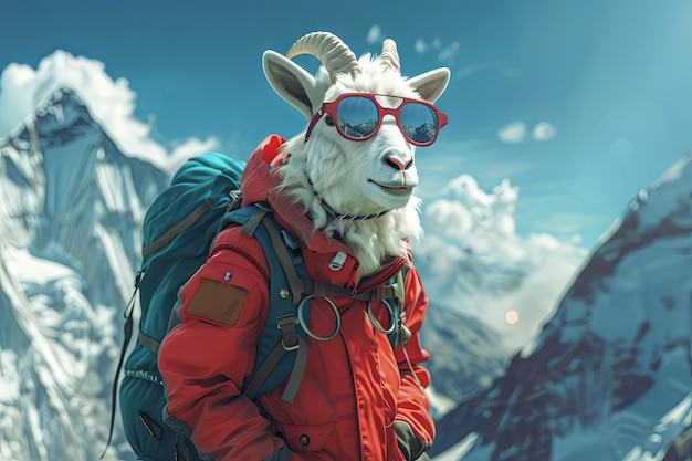 Photo daring goat with backpack and wearing mountain clothes and gear climbing everest mountain