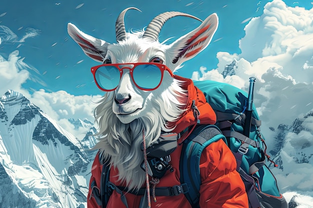 バックパックを背負って山の服を着てエベレスト山に登る勇敢なヤギ