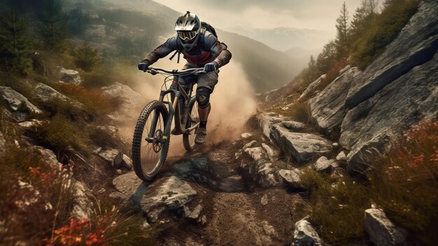 A daring rider navigating a rugged rocky trail Generative AI