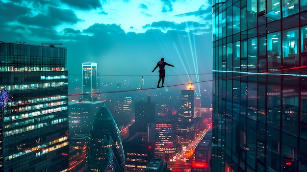 A daring silhouette tightrope walks between skyscrapers at dusk A metaphor for risk and balance in a cityscape setting Urban adventure challenge concept AI