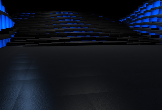 Фото Темный 3d-интерьер с черным полом и сияющими синим светом каменными блоками