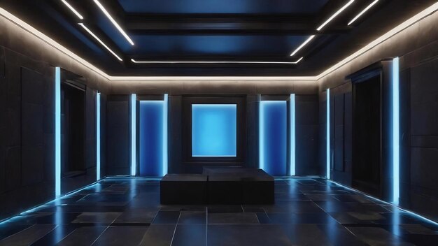Dark 3d interior with black floor and stone blocks glowing with blue light