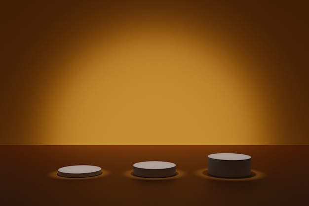 Темная сцена 3d-моделирования с освещенными цилиндрическими подиумами на оранжевом фоне