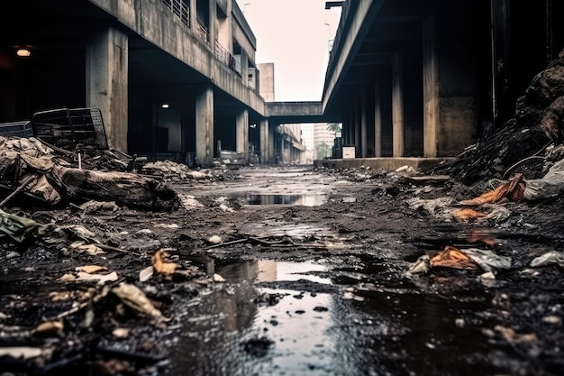 dark abandoned city dirt trash everywhere professional photography