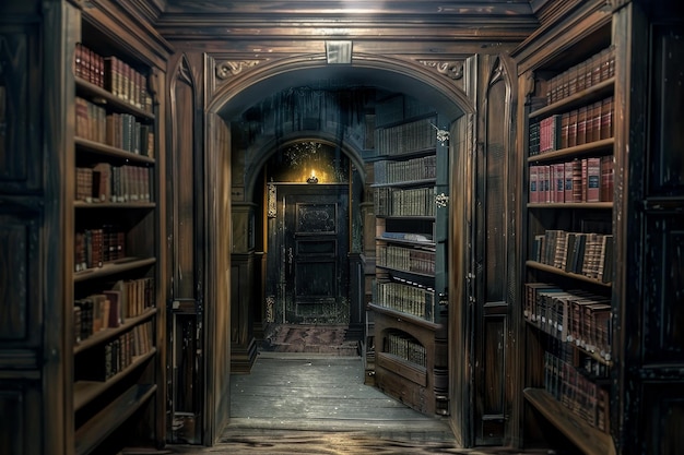 A dark abandoned room with a large bookcase filled with books