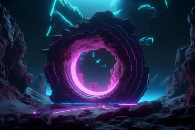 A dark, abstract, abstract, artwork with a glowing ring in the middle.
