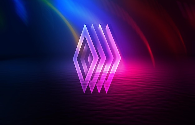 Dark abstract background Neon geometric 3d diamond shape UV smoke 3d illustration