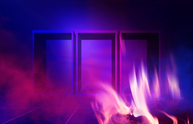 Sfondo astratto scuro figura 3d geometrica al neon in fiamme illustrazione 3d di fumo ultravioletto Foto Premium