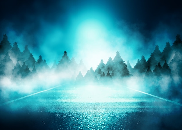 Dark abstract background. Winter night forest landscape. Silhouettes of fir trees, lit with neon glow, snowdrifts, snowflakes. 3d illustration