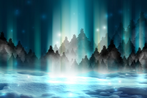 사진 어두운 추상적인 배경입니다. 겨울 밤 숲 풍경입니다. 네온 불빛, 눈 더미, 눈송이로 빛나는 전나무의 실루엣. 3d 그림