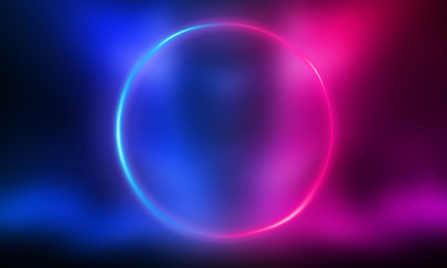 Photo dark abstract background with a neon circle in the center