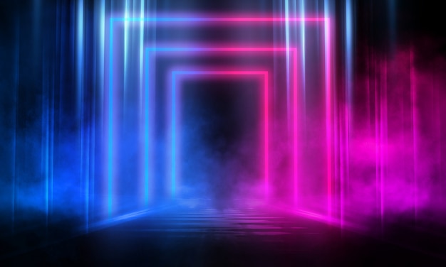 Dark abstract background with neon lines and rays