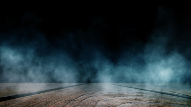 Photo dark abstract background with wooden surface spotlight smoke fog