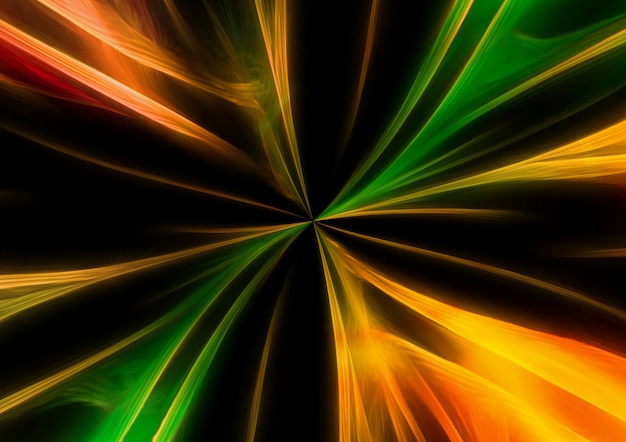 Dark abstract multicolored background with orange and green lines blurred from center