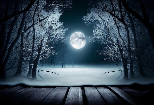 Dark abstract winter forest in full moon illustration AI generative