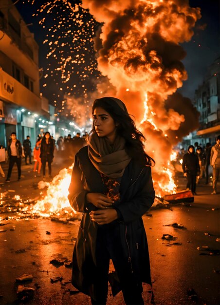 Photo dark aesthetic photo an iranian girl amidst a chaotic street protest in tehran p3