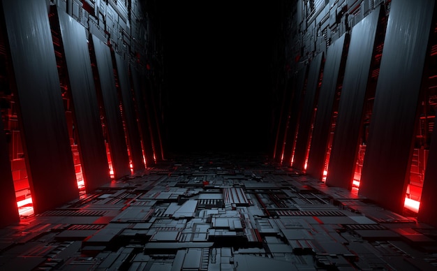 Dark alien spaceship corridor hal passage ingang met rood gloeiend licht illustratie 3d-rendering