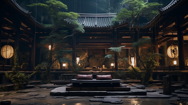 Dark alley with chinese temple background picture Ai generated art