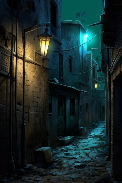 A dark alley with a lamp on it.