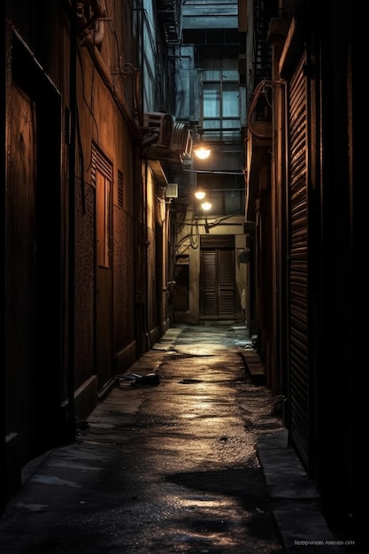 Photo a dark alley with a light on the ceiling and a dark alley with a sign that says'the dark side '